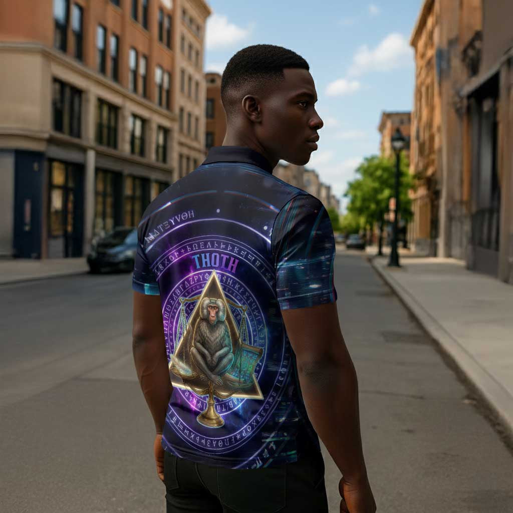Thoth Ancient Egyptian Cosmic Zipper Polo Shirt with Sacred Eye and Baboon Symbol Theme