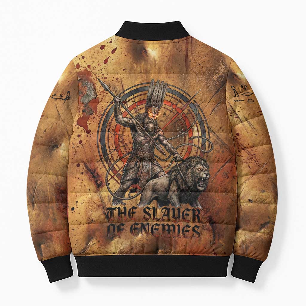 Onuris Bomber Puffer Jacket Egyptian War God Slayer of Enemies Spear Lion Ancient Battle
