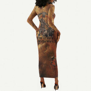 Onuris Long Sleeve Bodycon Dress Egyptian War God Slayer of Enemies Spear Lion Ancient Battle