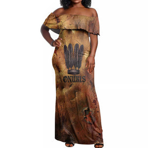 Onuris Off Shoulder Maxi Dress Egyptian War God Slayer of Enemies Spear Lion Ancient Battle
