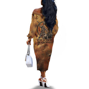 Onuris Off The Shoulder Long Sleeve Dress Egyptian War God Slayer of Enemies Spear Lion Ancient Battle