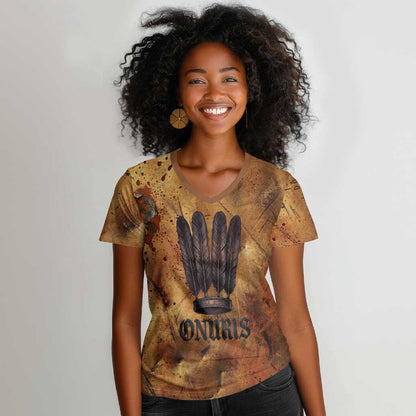 Onuris Women V-Neck T-Shirt Egyptian War God Slayer of Enemies Spear Lion Ancient Battle