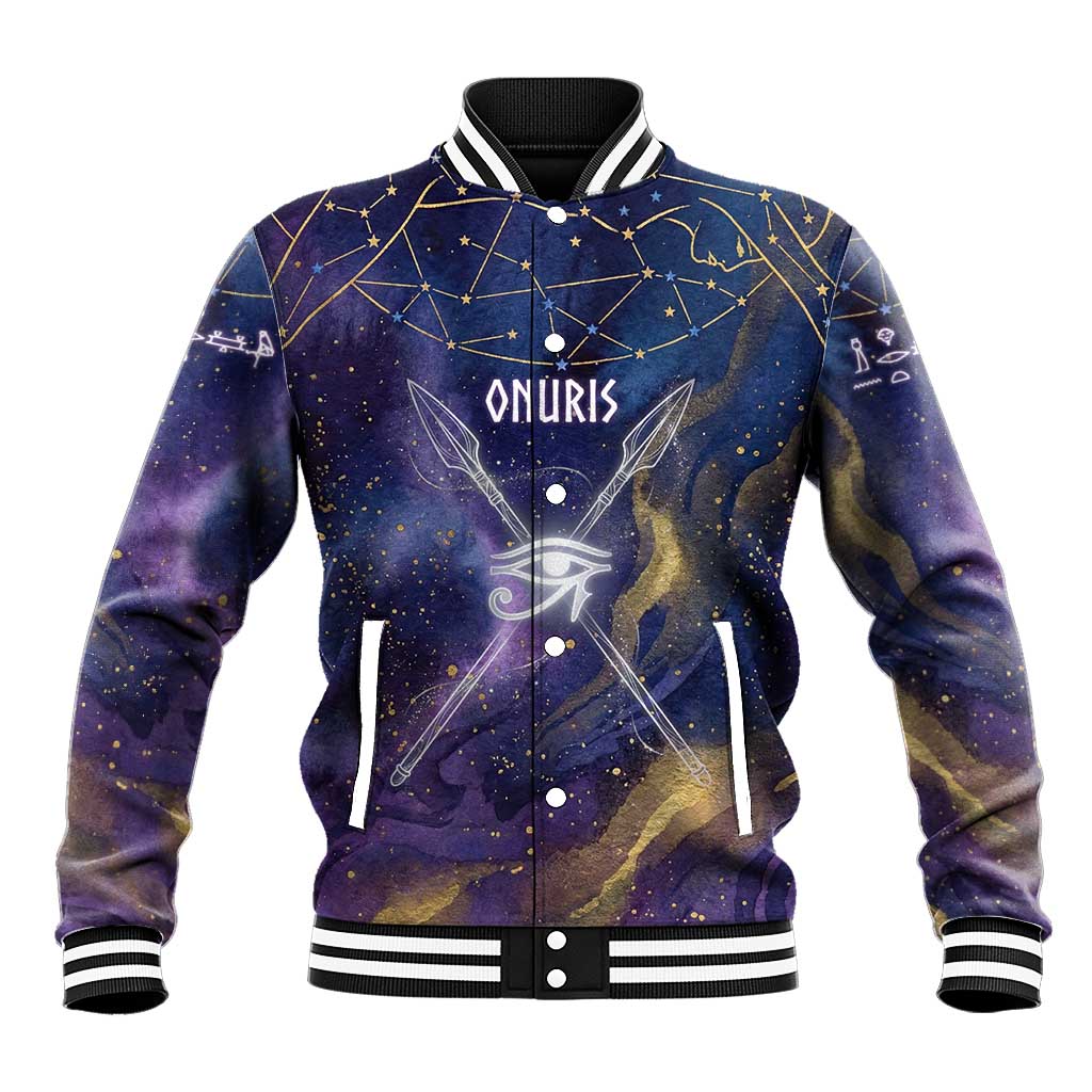 Onuris Baseball Jacket Cosmic Warrior Egyptian God Eye of Horus Spears Starry Night