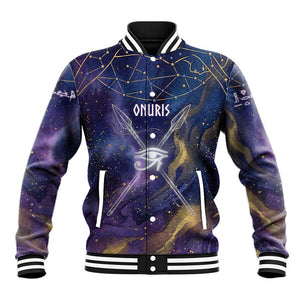 Onuris Baseball Jacket Cosmic Warrior Egyptian God Eye of Horus Spears Starry Night