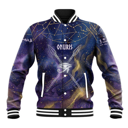 Onuris Baseball Jacket Cosmic Warrior Egyptian God Eye of Horus Spears Starry Night