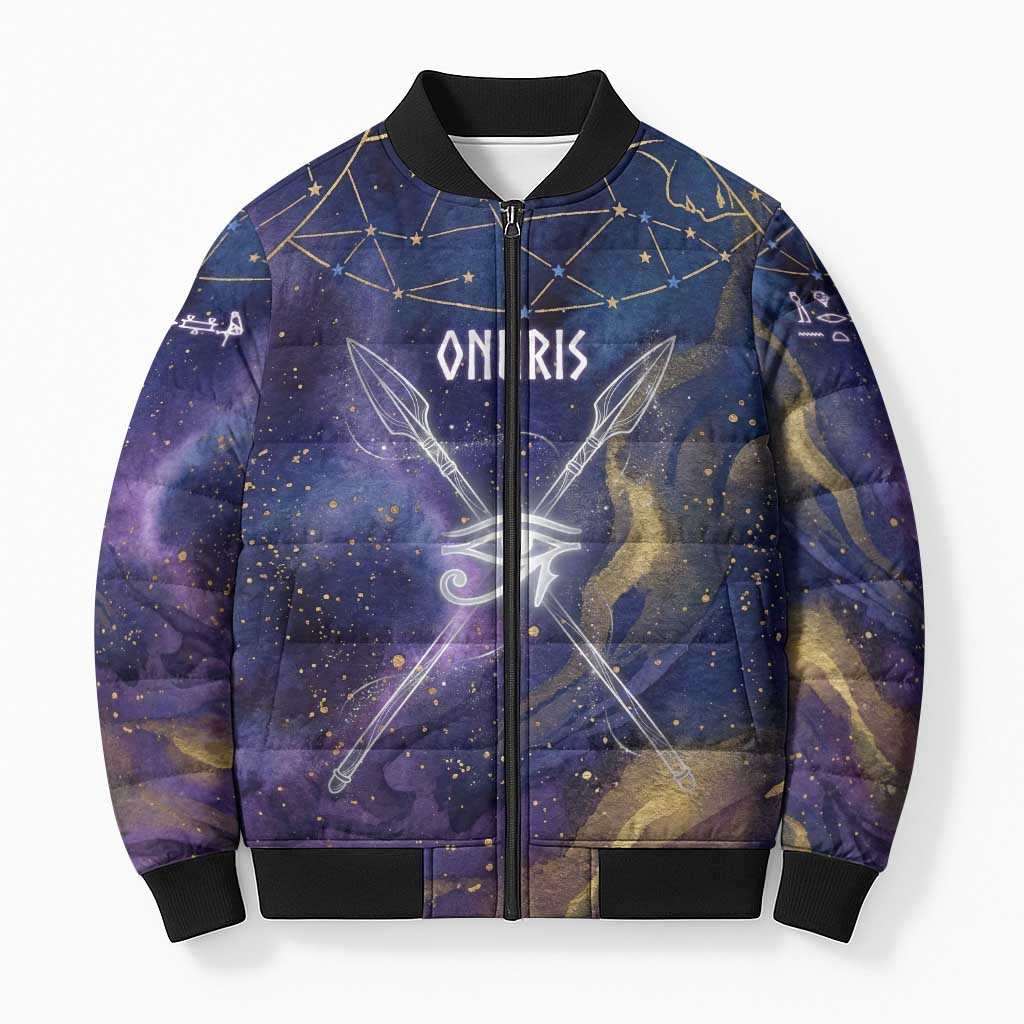 Onuris Bomber Puffer Jacket Cosmic Warrior Egyptian God Eye of Horus Spears Starry Night