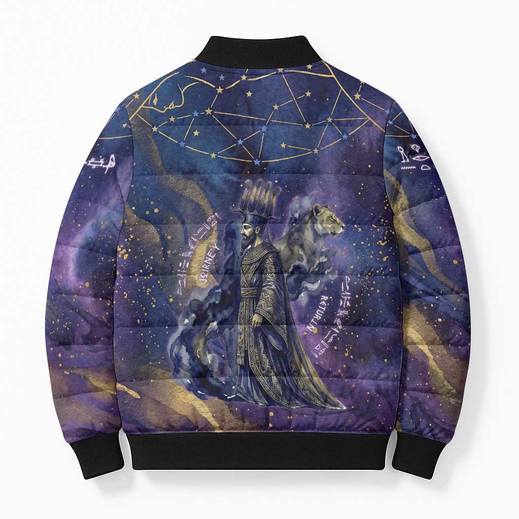 Onuris Bomber Puffer Jacket Cosmic Warrior Egyptian God Eye of Horus Spears Starry Night