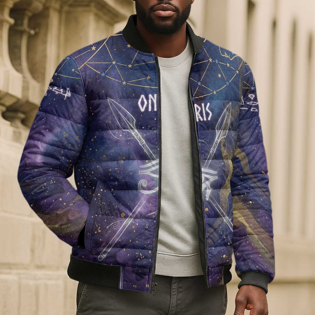 Onuris Bomber Puffer Jacket Cosmic Warrior Egyptian God Eye of Horus Spears Starry Night