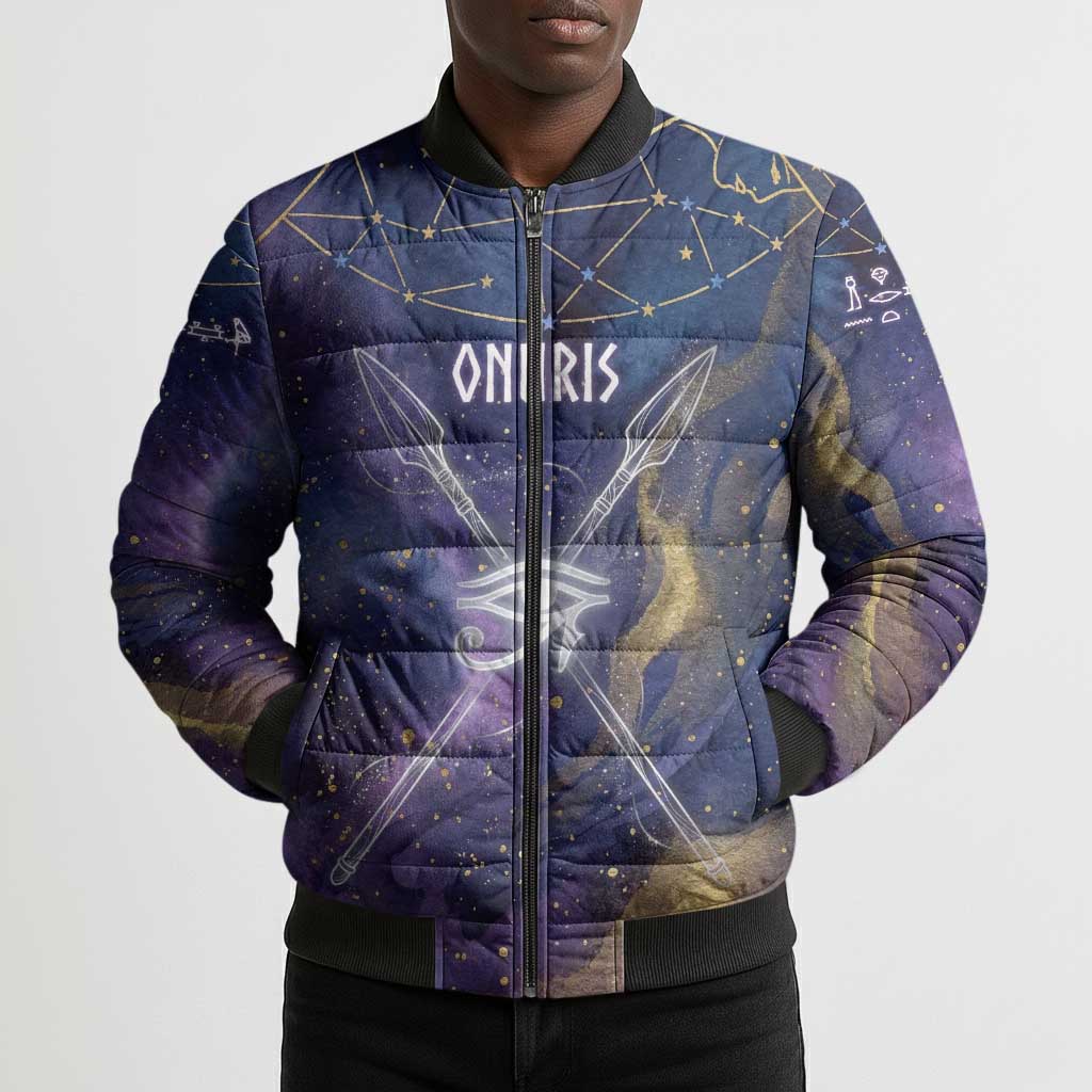 Onuris Bomber Puffer Jacket Cosmic Warrior Egyptian God Eye of Horus Spears Starry Night