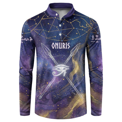Onuris Button Sweatshirt Cosmic Warrior Egyptian God Eye of Horus Spears Starry Night