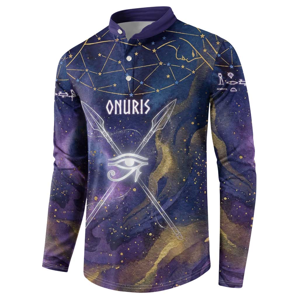 Onuris Button Sweatshirt Cosmic Warrior Egyptian God Eye of Horus Spears Starry Night