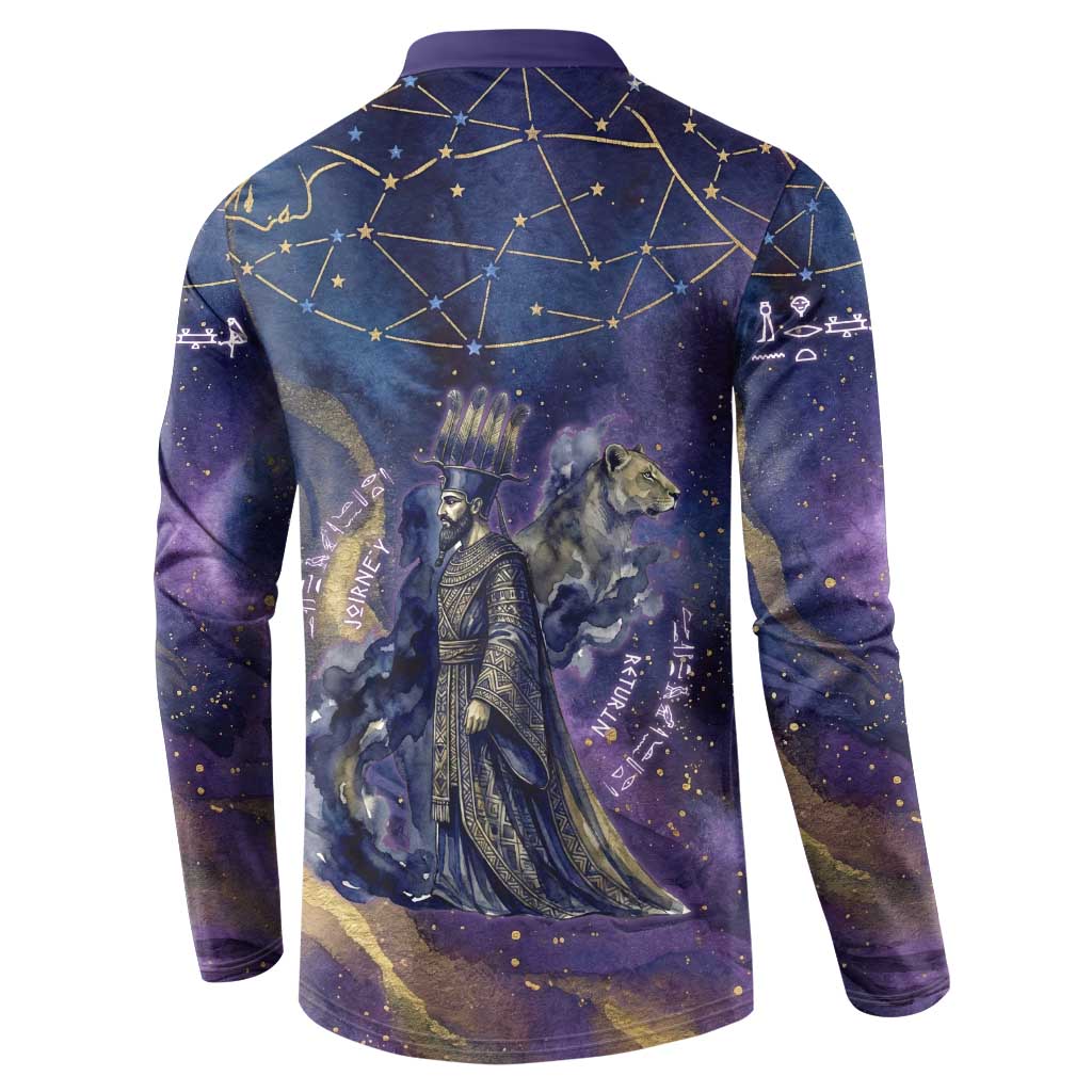 Onuris Button Sweatshirt Cosmic Warrior Egyptian God Eye of Horus Spears Starry Night