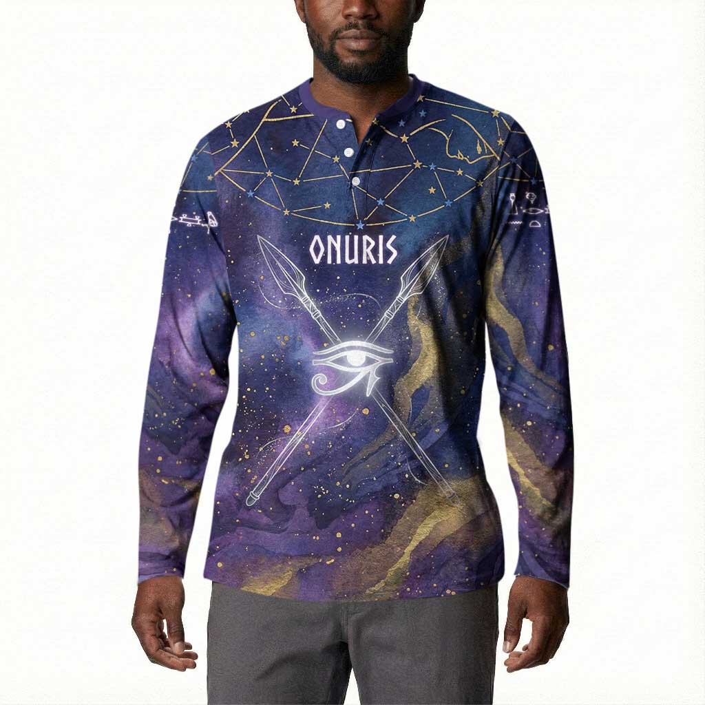 Onuris Button Sweatshirt Cosmic Warrior Egyptian God Eye of Horus Spears Starry Night