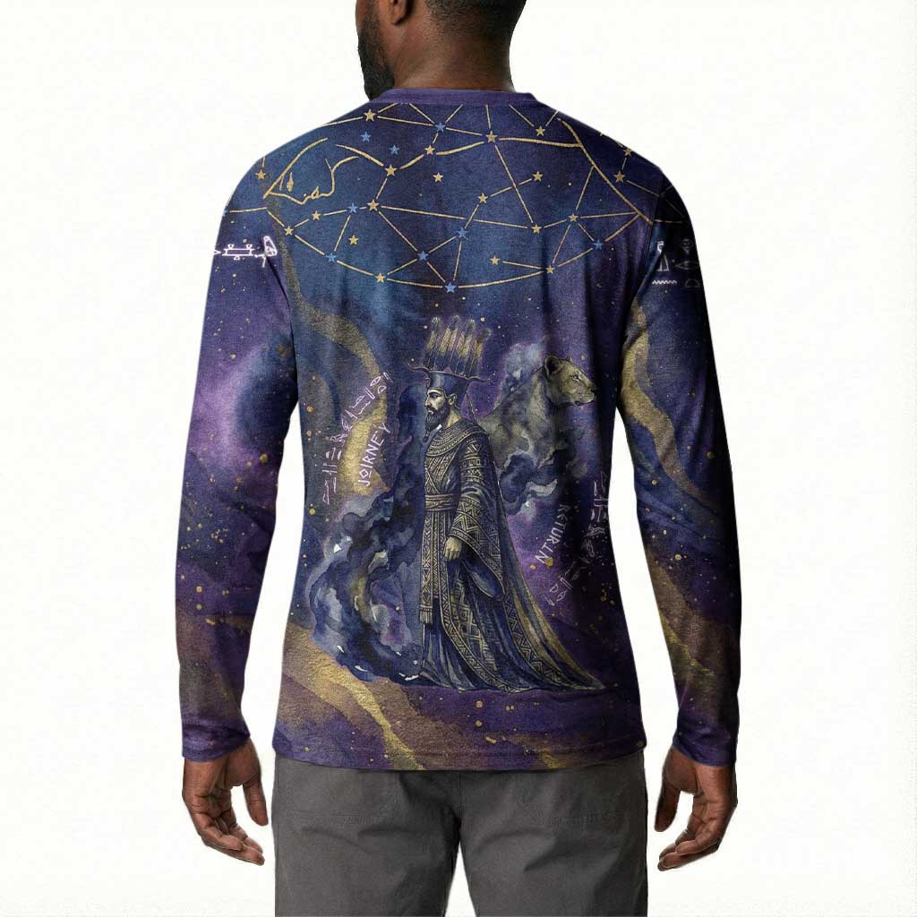 Onuris Button Sweatshirt Cosmic Warrior Egyptian God Eye of Horus Spears Starry Night