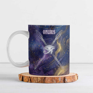 Onuris Ceramic Mug Cosmic Warrior Egyptian God Eye of Horus Spears Starry Night
