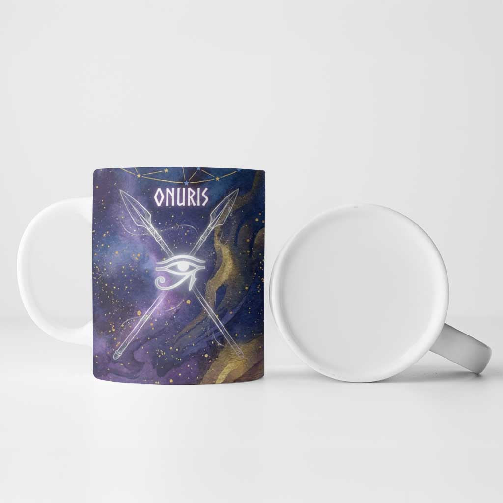 Onuris Ceramic Mug Cosmic Warrior Egyptian God Eye of Horus Spears Starry Night
