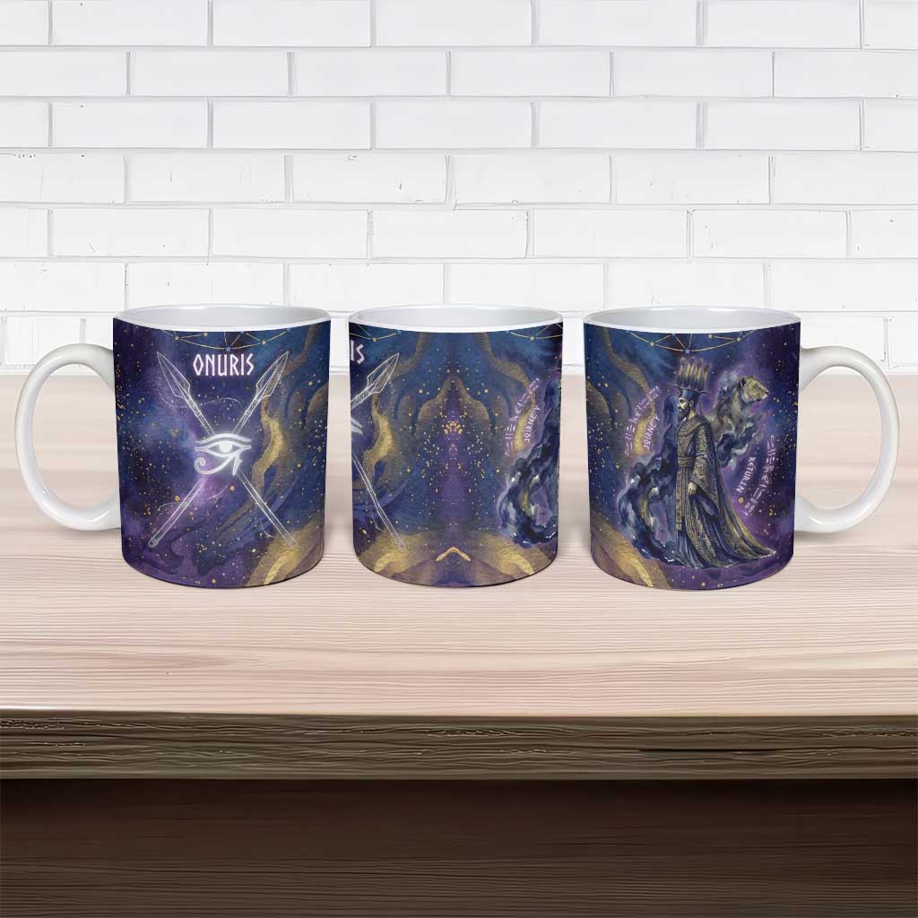 Onuris Ceramic Mug Cosmic Warrior Egyptian God Eye of Horus Spears Starry Night