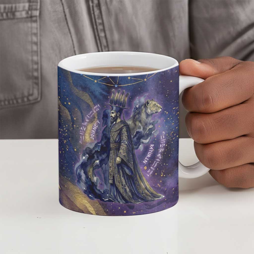 Onuris Ceramic Mug Cosmic Warrior Egyptian God Eye of Horus Spears Starry Night