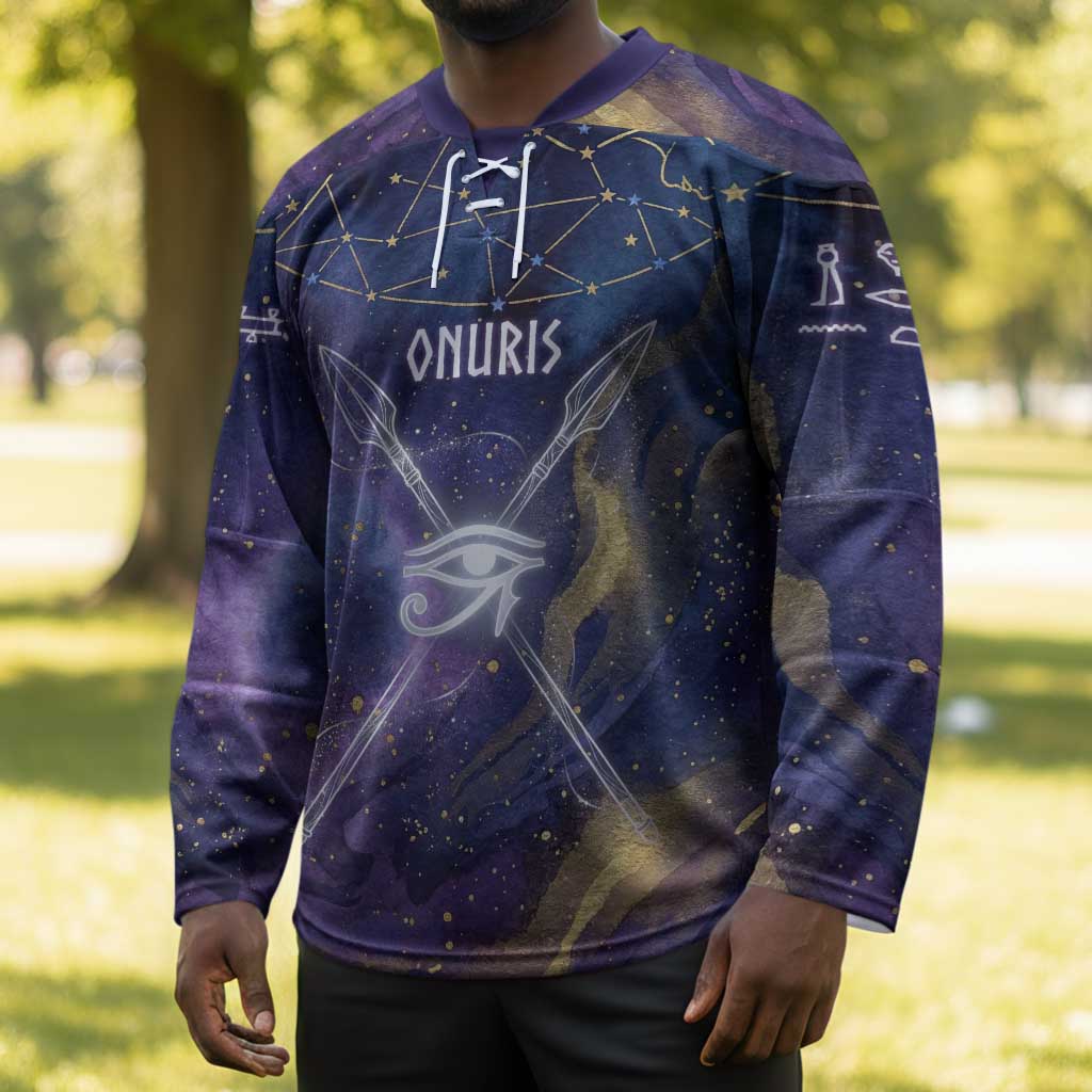 Onuris Hockey Jersey Cosmic Warrior Egyptian God Eye of Horus Spears Starry Night