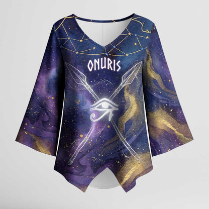 Onuris Kimono Sleeve Blouse Cosmic Warrior Egyptian God Eye of Horus Spears Starry Night