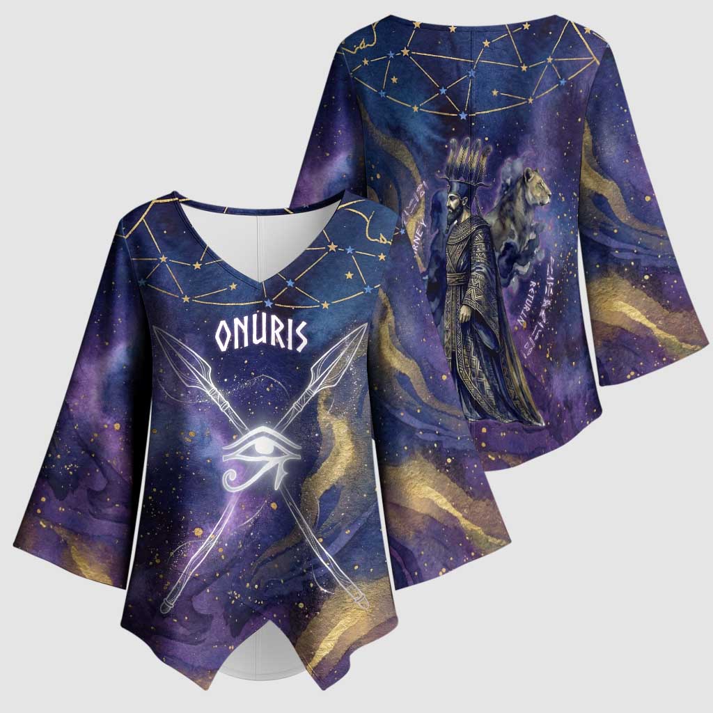 Onuris Kimono Sleeve Blouse Cosmic Warrior Egyptian God Eye of Horus Spears Starry Night