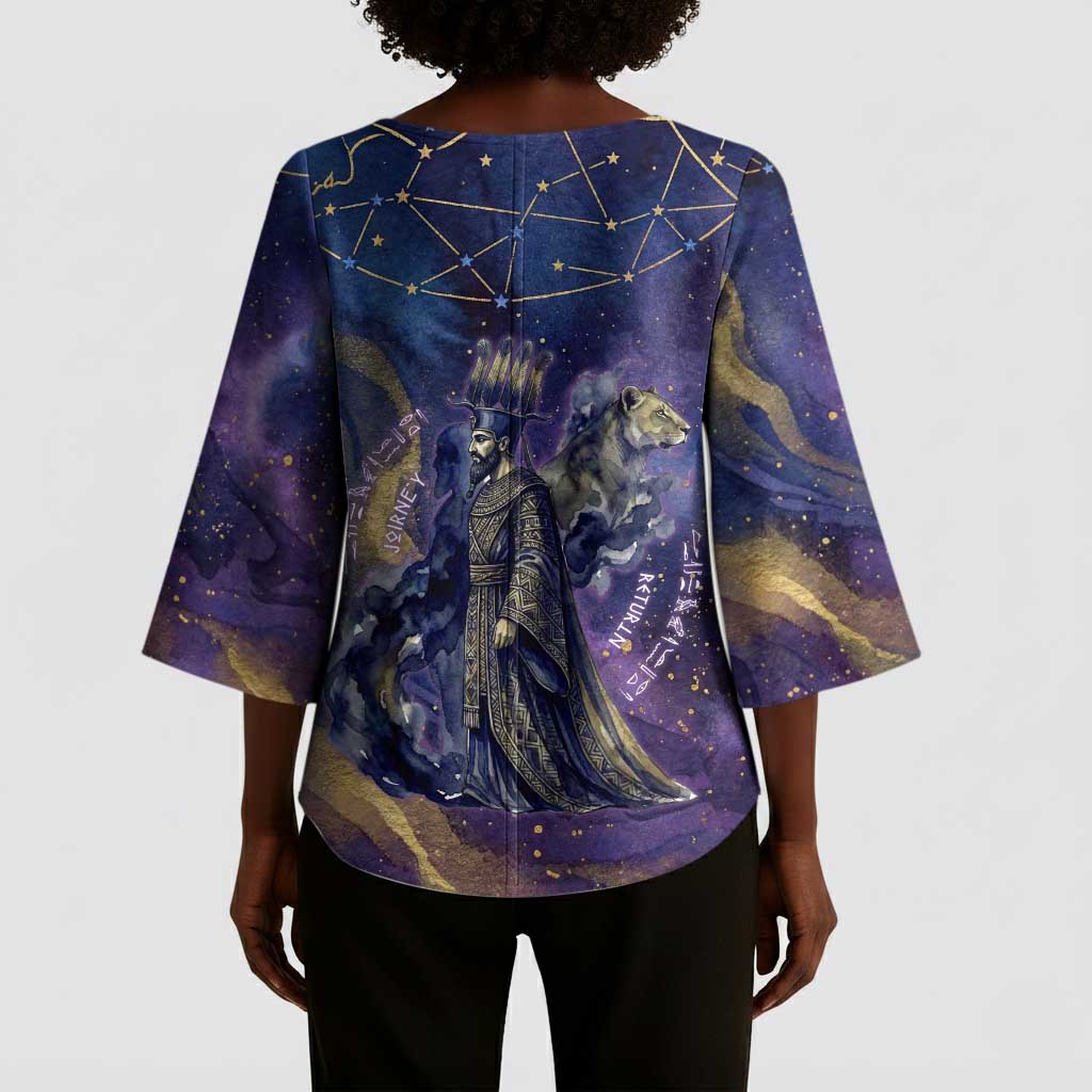 Onuris Kimono Sleeve Blouse Cosmic Warrior Egyptian God Eye of Horus Spears Starry Night