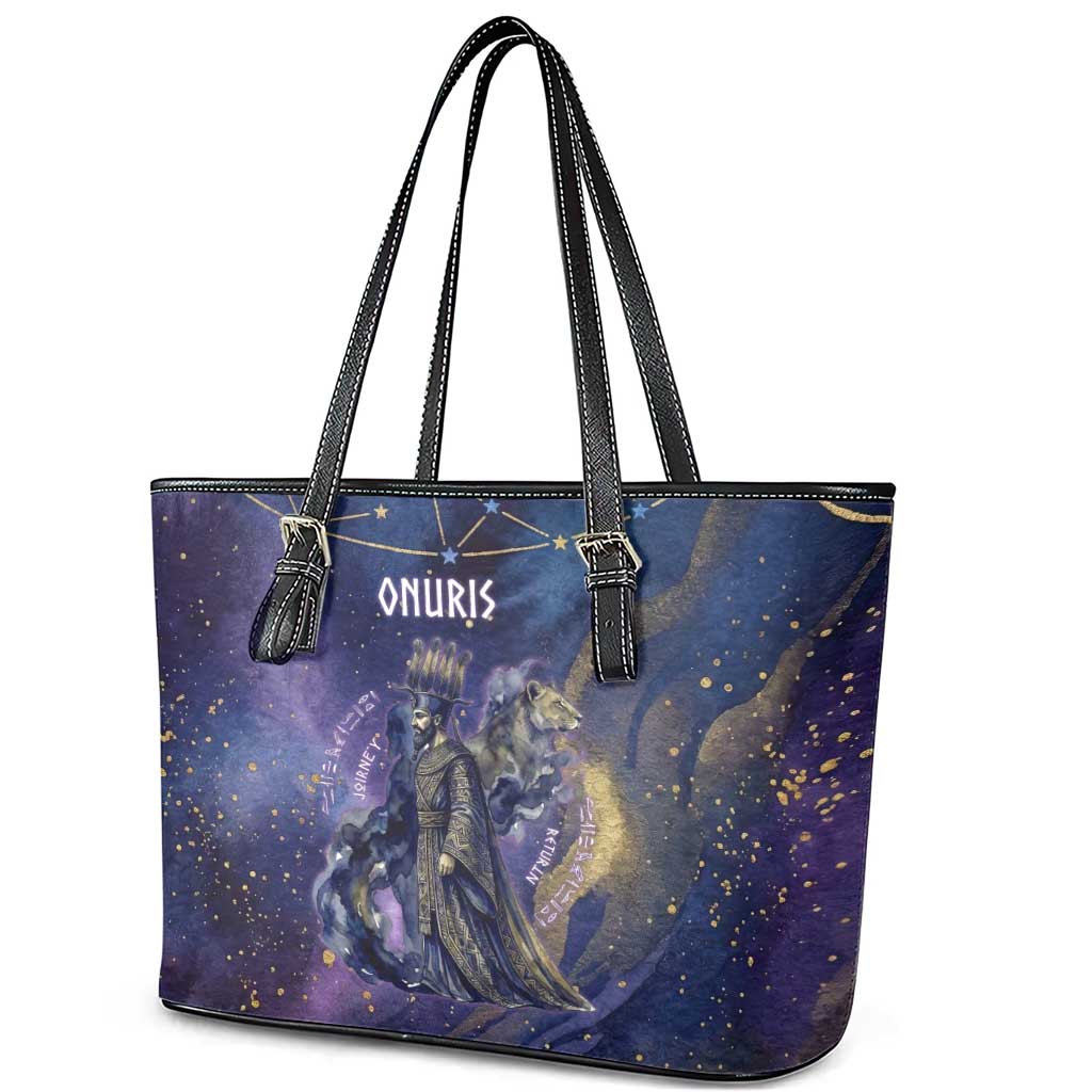 Onuris Leather Tote Bag Cosmic Warrior Egyptian God Eye of Horus Spears Starry Night