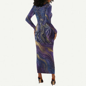 Onuris Long Sleeve Bodycon Dress Cosmic Warrior Egyptian God Eye of Horus Spears Starry Night