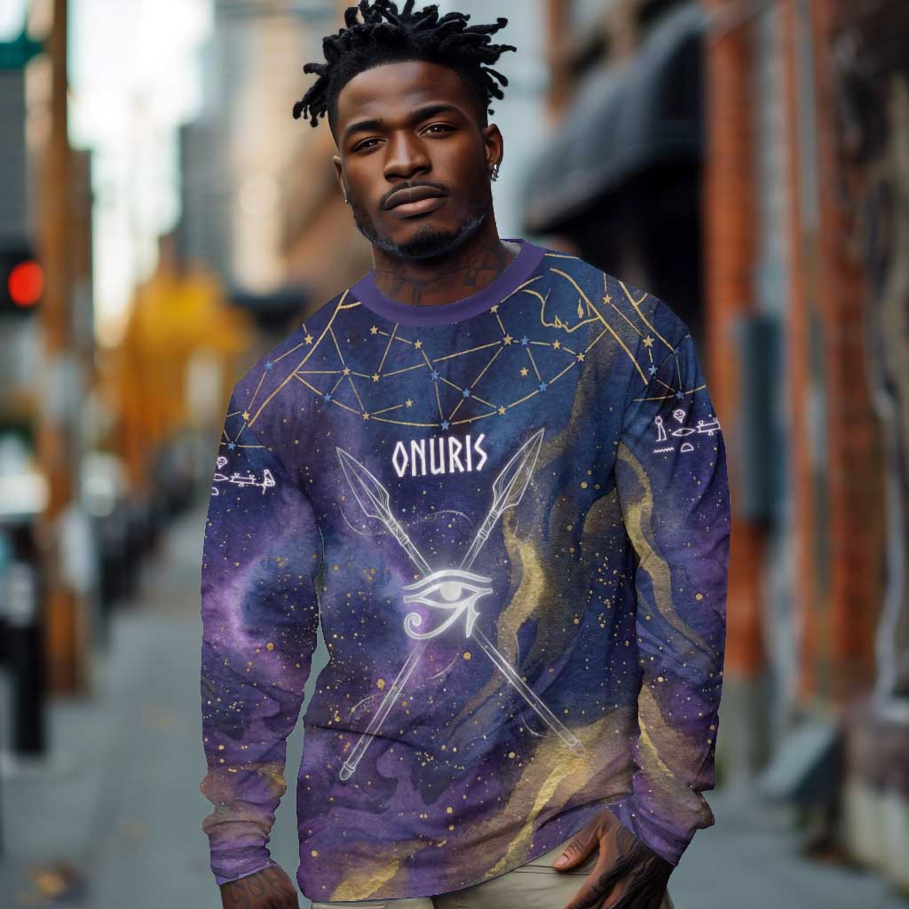Onuris Long Sleeve Shirt Cosmic Warrior Egyptian God Eye of Horus Spears Starry Night