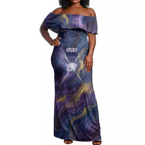 Onuris Off Shoulder Maxi Dress Cosmic Warrior Egyptian God Eye of Horus Spears Starry Night