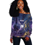 Onuris Off Shoulder Sweater Cosmic Warrior Egyptian God Eye of Horus Spears Starry Night