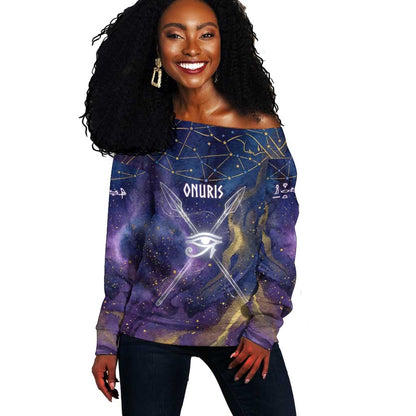 Onuris Off Shoulder Sweater Cosmic Warrior Egyptian God Eye of Horus Spears Starry Night
