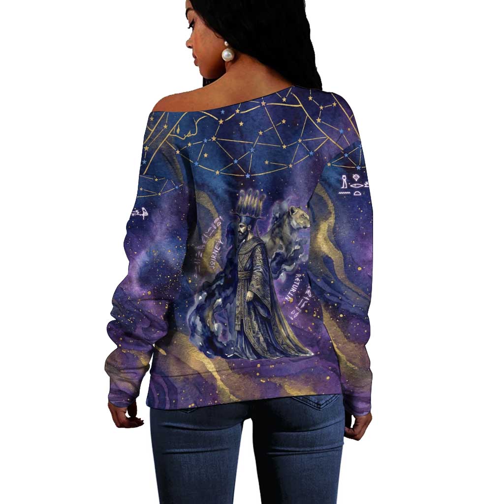 Onuris Off Shoulder Sweater Cosmic Warrior Egyptian God Eye of Horus Spears Starry Night