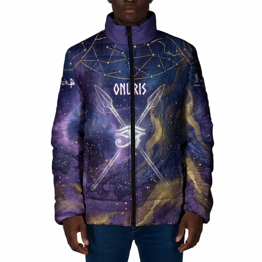 Onuris Padded Jacket Cosmic Warrior Egyptian God Eye of Horus Spears Starry Night
