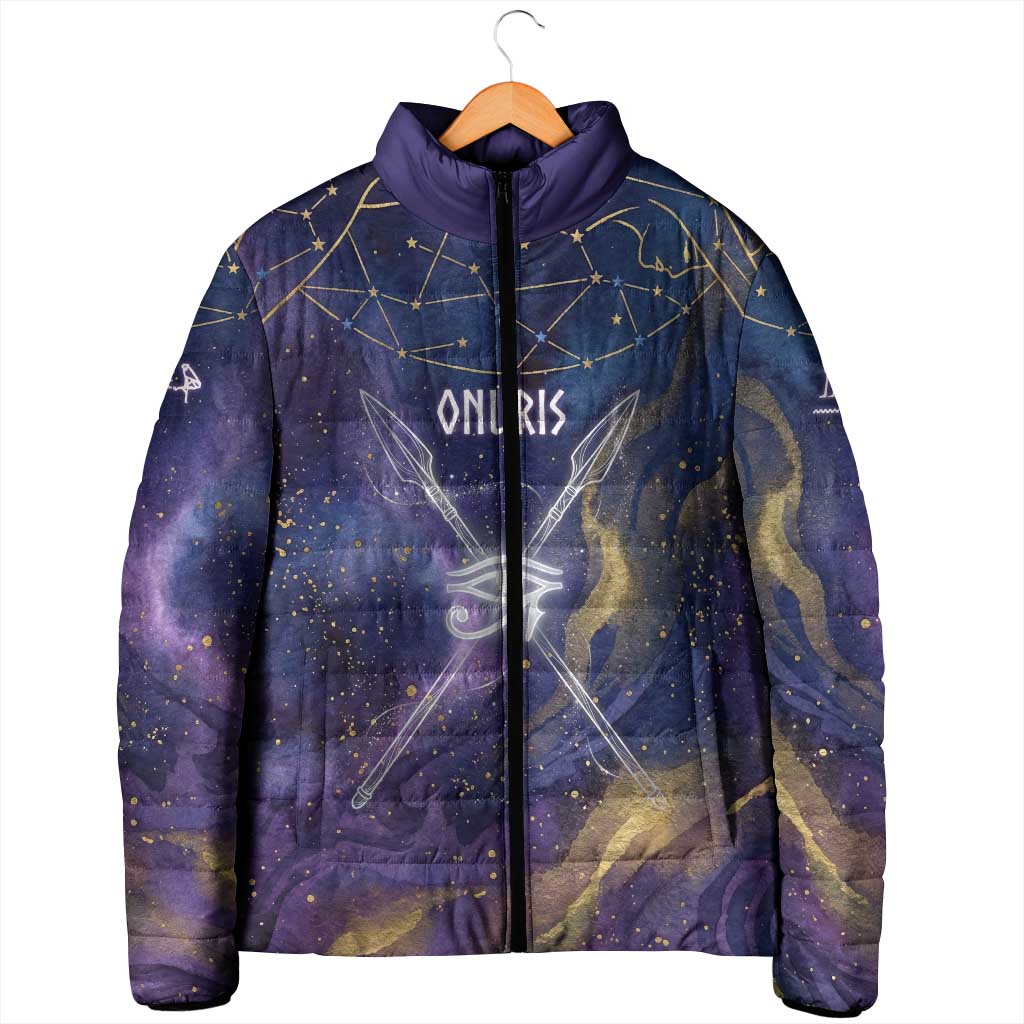 Onuris Padded Jacket Cosmic Warrior Egyptian God Eye of Horus Spears Starry Night