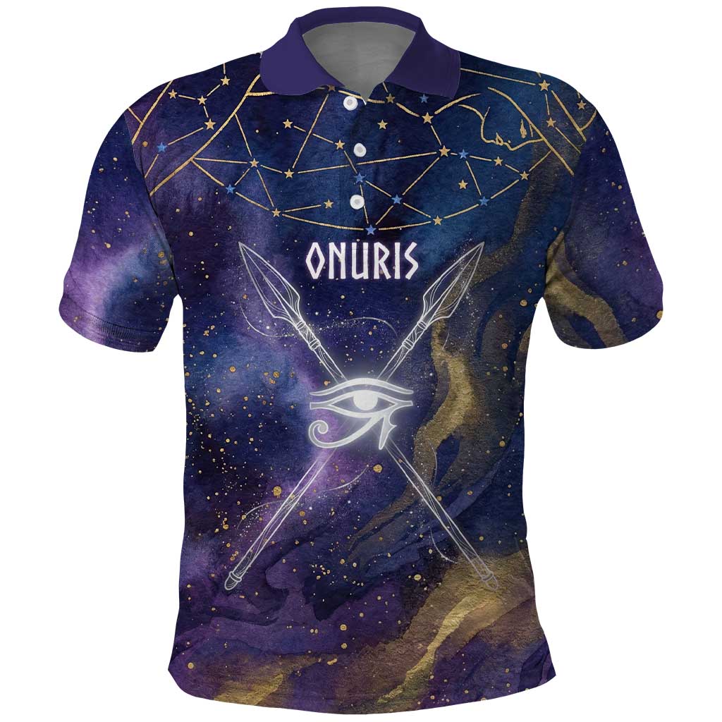 Onuris Polo Shirt Cosmic Warrior Egyptian God Eye of Horus Spears Starry Night