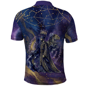 Onuris Polo Shirt Cosmic Warrior Egyptian God Eye of Horus Spears Starry Night