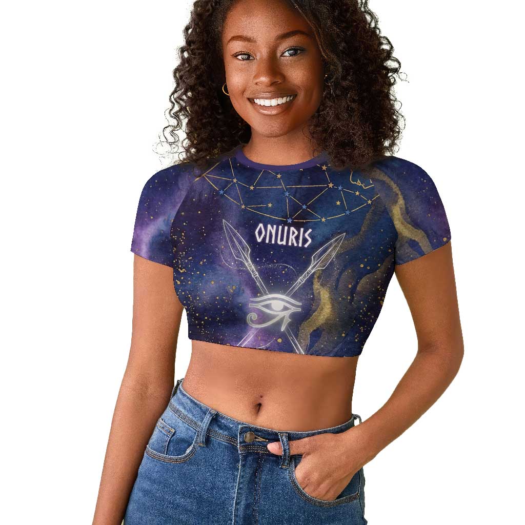 Onuris Raglan Cropped T shirt Cosmic Warrior Egyptian God Eye of Horus Spears Starry Night