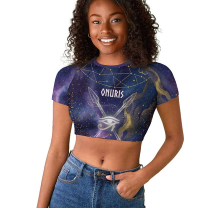 Onuris Raglan Cropped T shirt Cosmic Warrior Egyptian God Eye of Horus Spears Starry Night