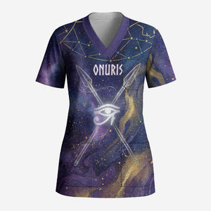 Onuris Scrub Top Cosmic Warrior Egyptian God Eye of Horus Spears Starry Night