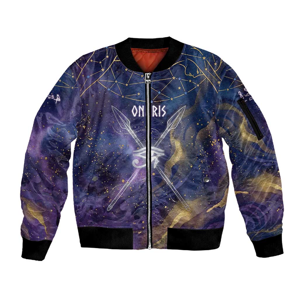 Onuris Sleeve Zip Bomber Jacket Cosmic Warrior Egyptian God Eye of Horus Spears Starry Night