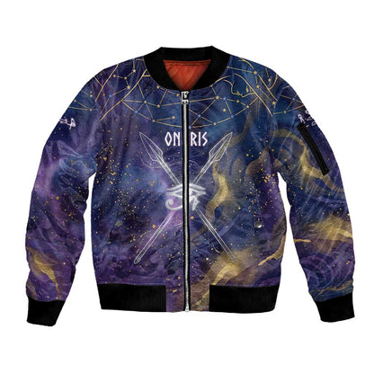 Onuris Sleeve Zip Bomber Jacket Cosmic Warrior Egyptian God Eye of Horus Spears Starry Night