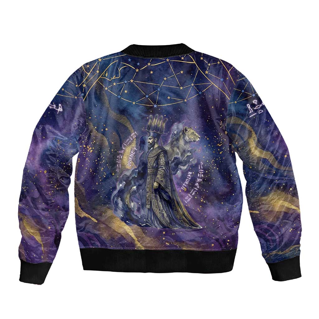 Onuris Sleeve Zip Bomber Jacket Cosmic Warrior Egyptian God Eye of Horus Spears Starry Night