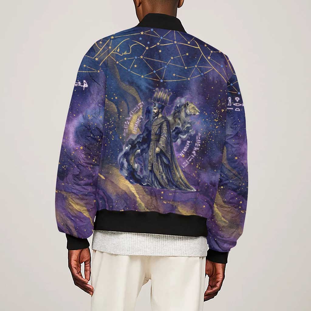 Onuris Sleeve Zip Bomber Jacket Cosmic Warrior Egyptian God Eye of Horus Spears Starry Night