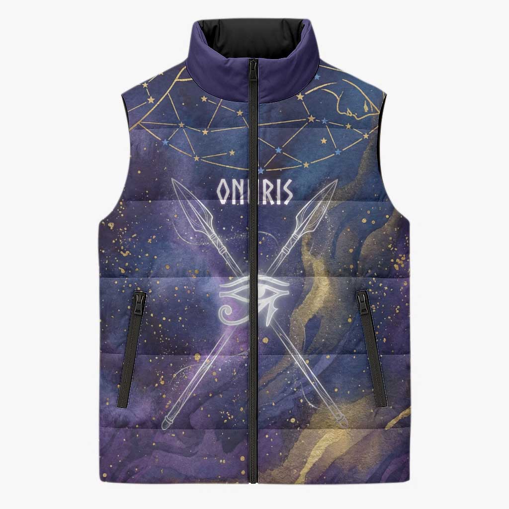 Onuris Sleeveless Puffer Jacket Cosmic Warrior Egyptian God Eye of Horus Spears Starry Night