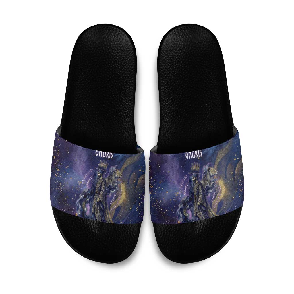 Onuris Slide Sandals Cosmic Warrior Egyptian God Eye of Horus Spears Starry Night