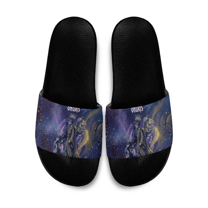 Onuris Slide Sandals Cosmic Warrior Egyptian God Eye of Horus Spears Starry Night