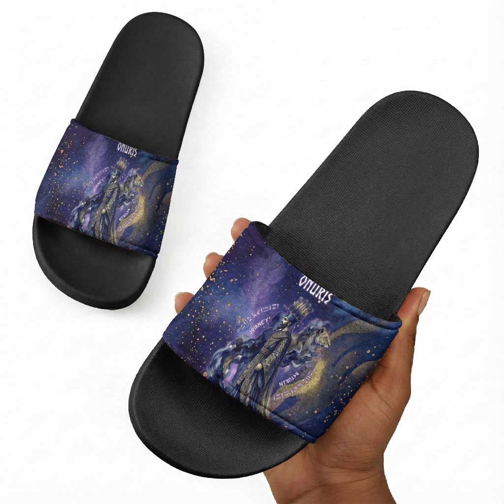 Onuris Slide Sandals Cosmic Warrior Egyptian God Eye of Horus Spears Starry Night