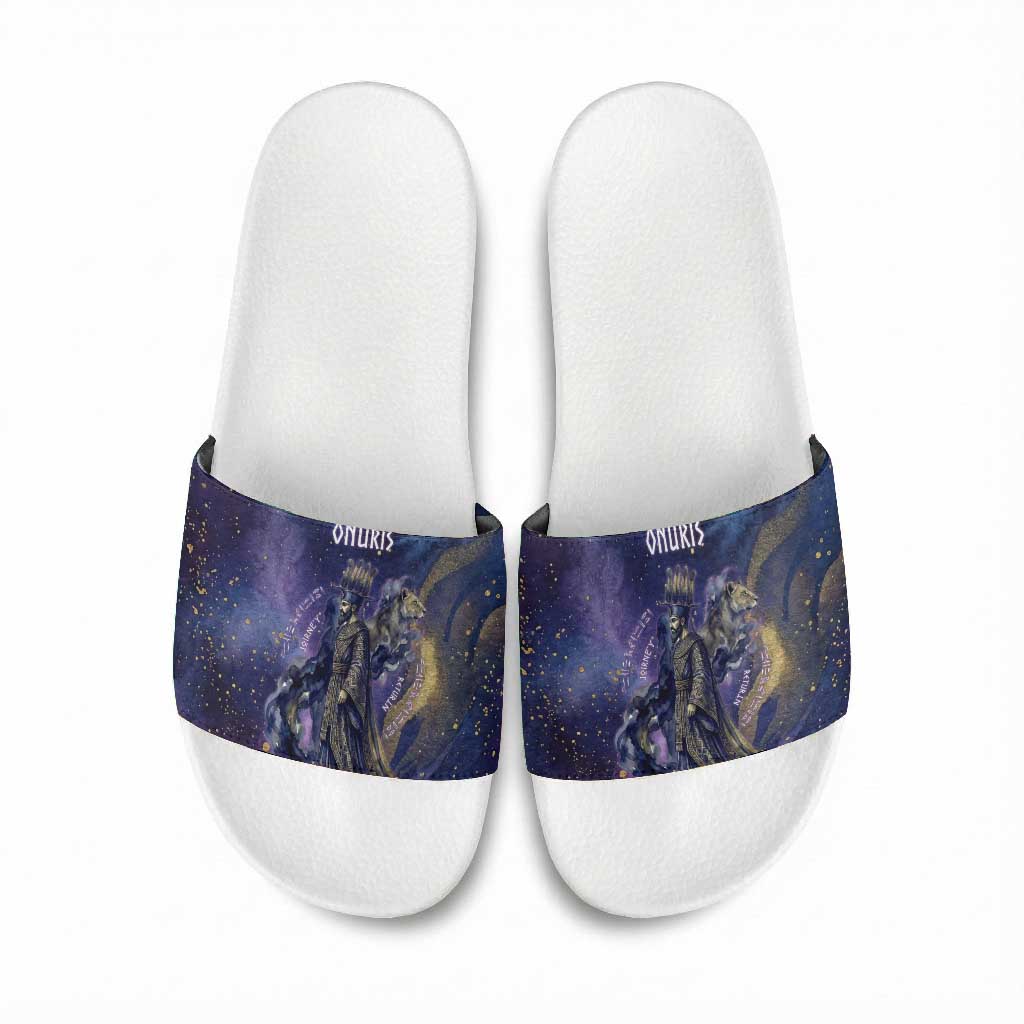 Onuris Slide Sandals Cosmic Warrior Egyptian God Eye of Horus Spears Starry Night