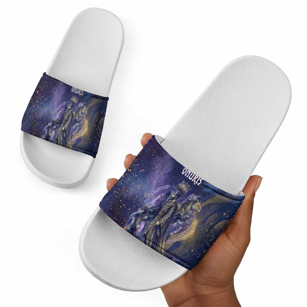 Onuris Slide Sandals Cosmic Warrior Egyptian God Eye of Horus Spears Starry Night
